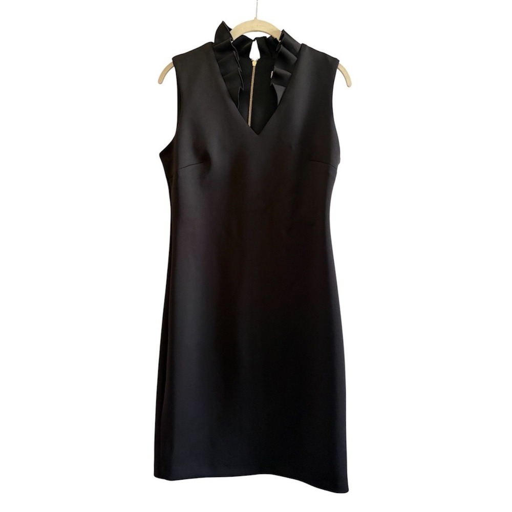 Calvin Klein Black Scuba Knit Ruffle Neck Sleeveless Sheath Dress 6 Career Work